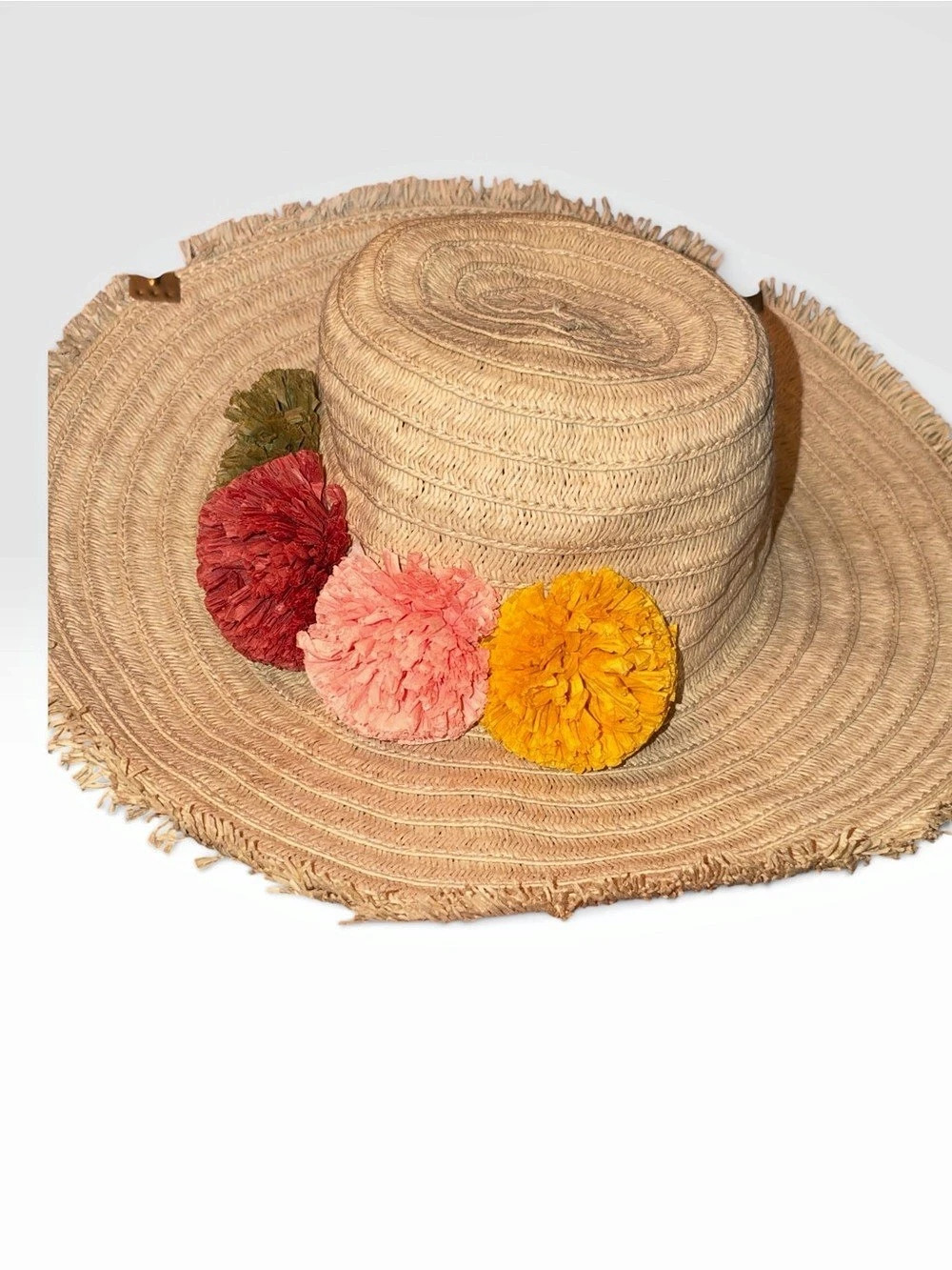 Woven Floral Wide Brim Hat w/ 3 Flowers